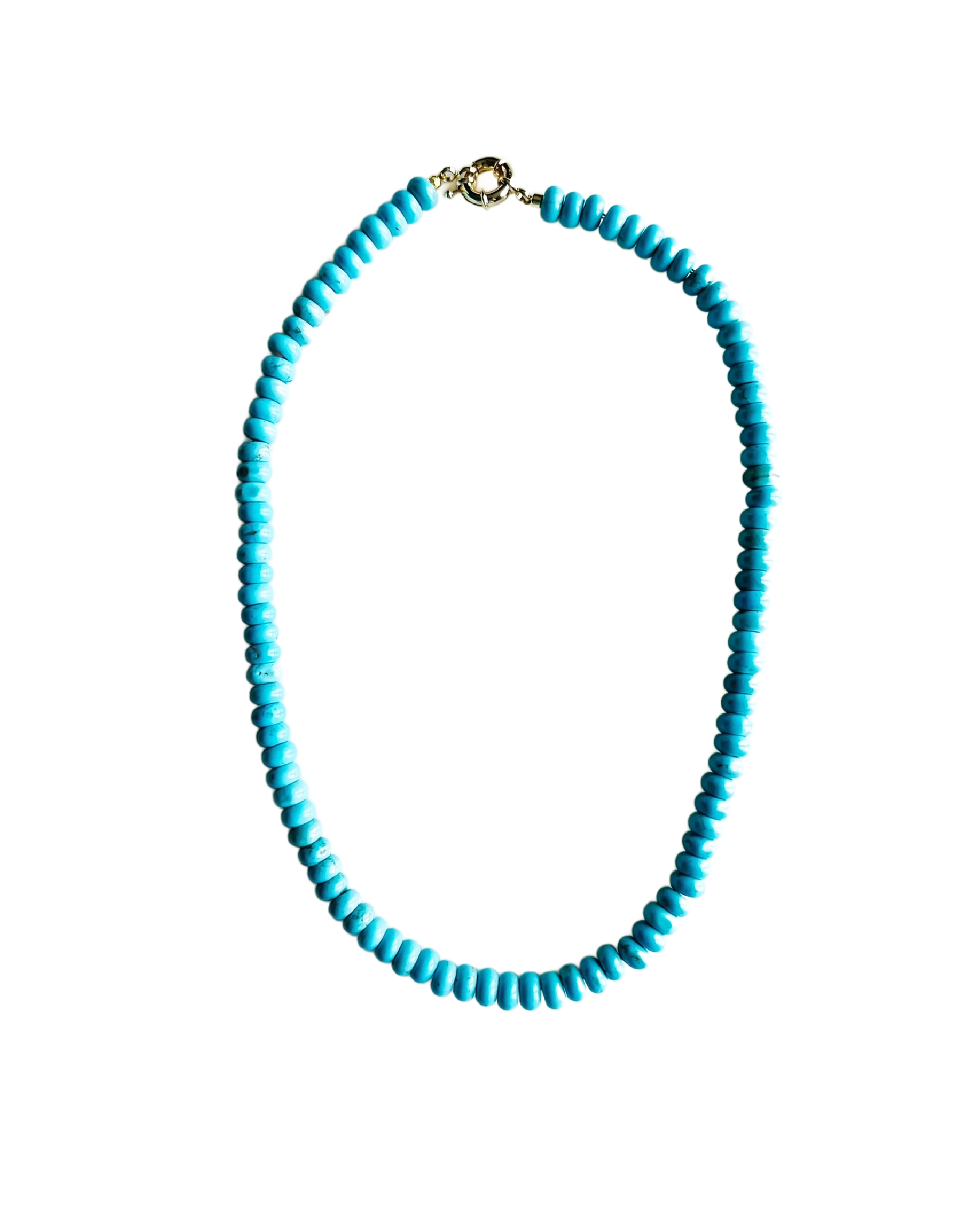 Turquoise beaded necklace on a white background