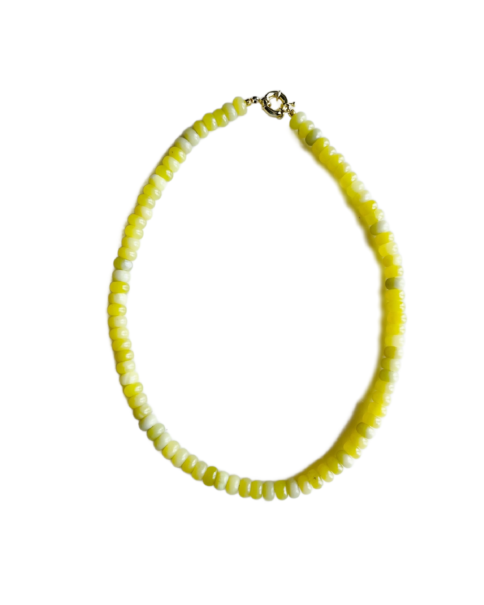 Necklace with yellow and white beads on a white background