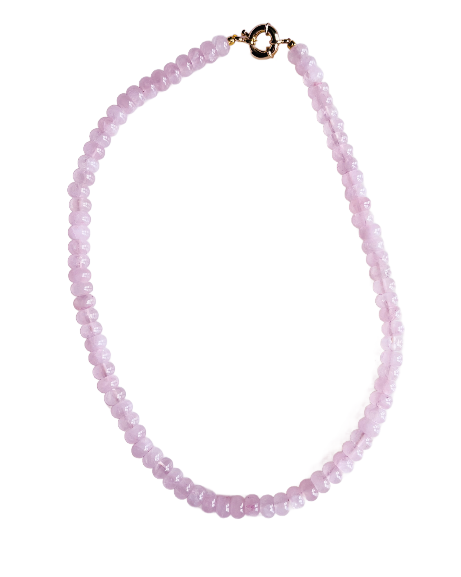 Pink beaded necklace with a gold clasp on a white background