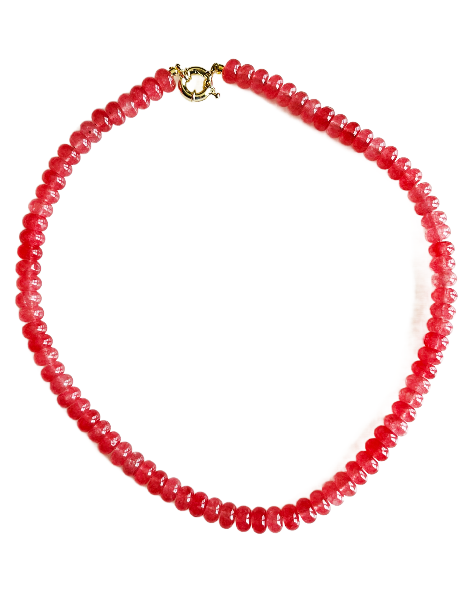 Red beaded necklace on a white background