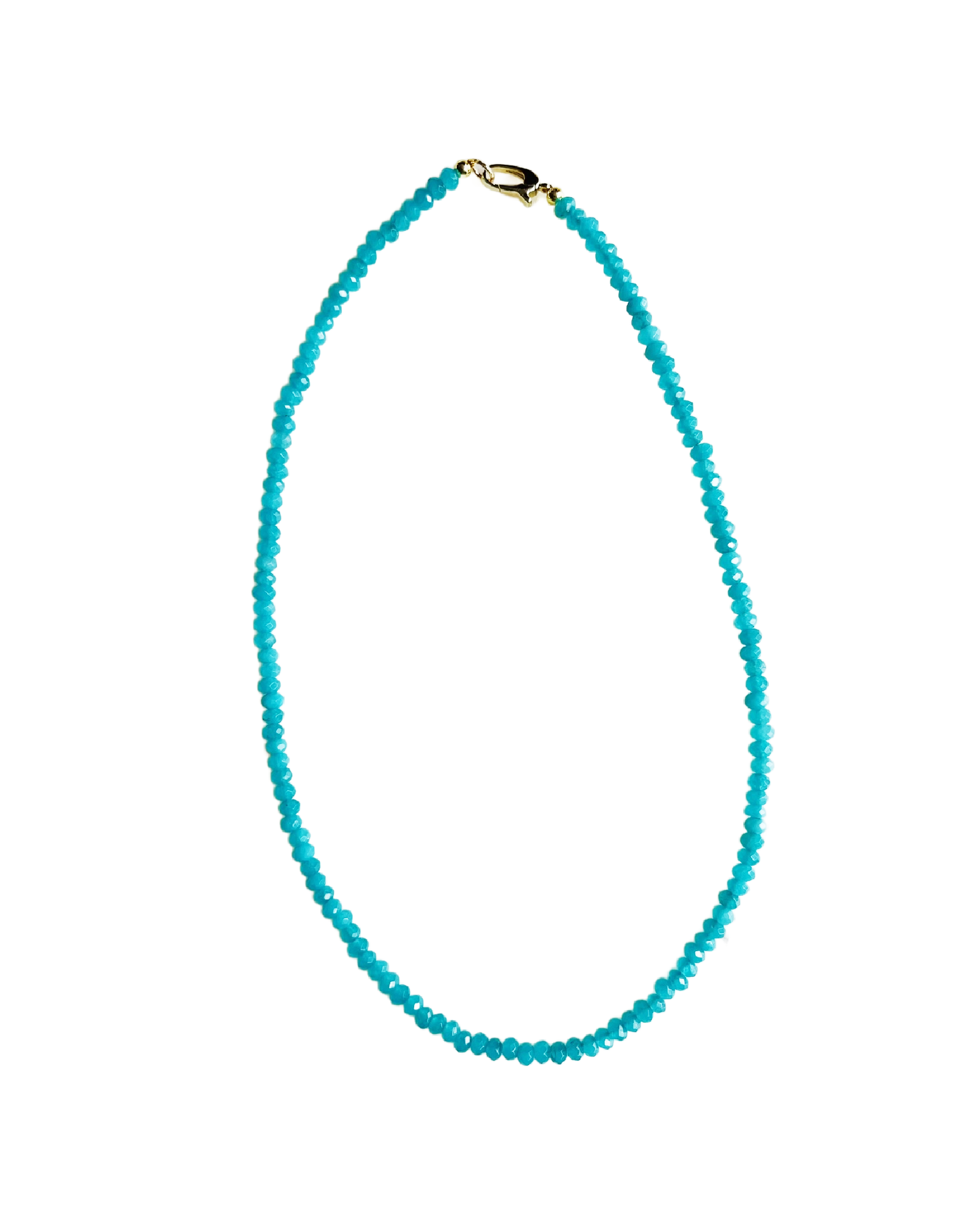 Turquoise beaded necklace with a gold clasp on a white background