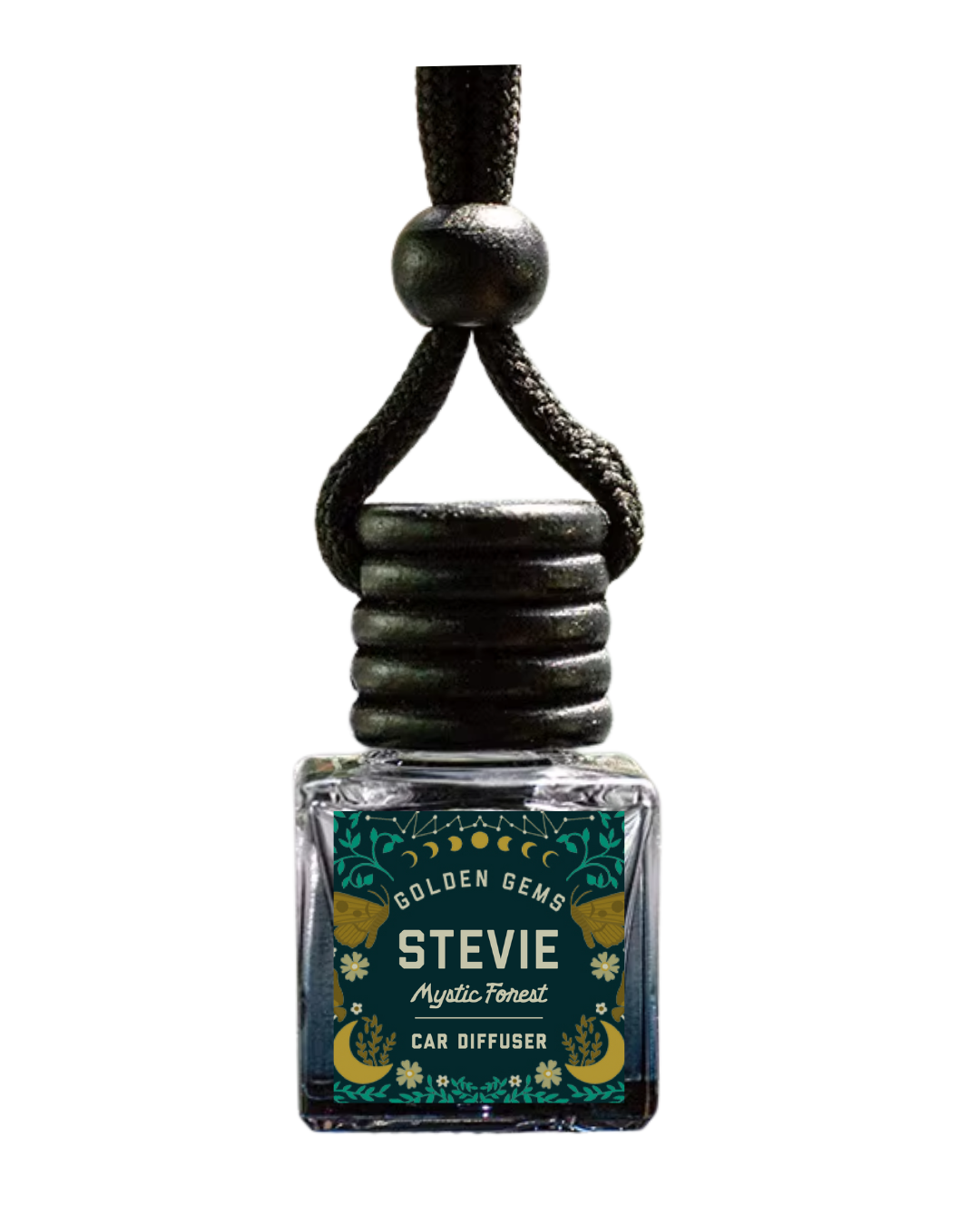 A Golden Gems Stevie car diffuser bottle with a black cord and cap, featuring a dark green label with gold and white text, set against a plain white background.
