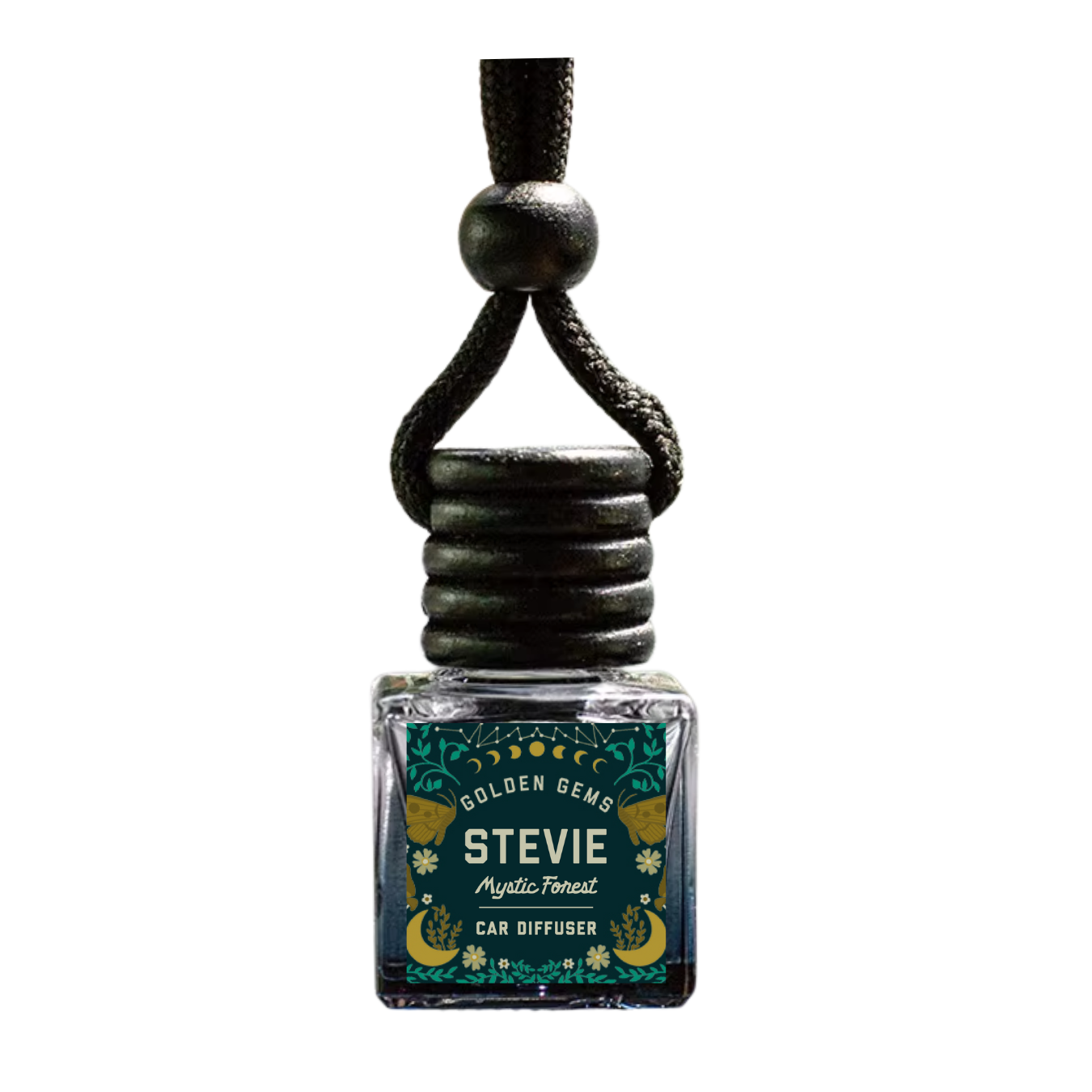 A Golden Gems Stevie car diffuser bottle with a black cord and cap, featuring a dark green label with gold and white text, set against a plain white background.