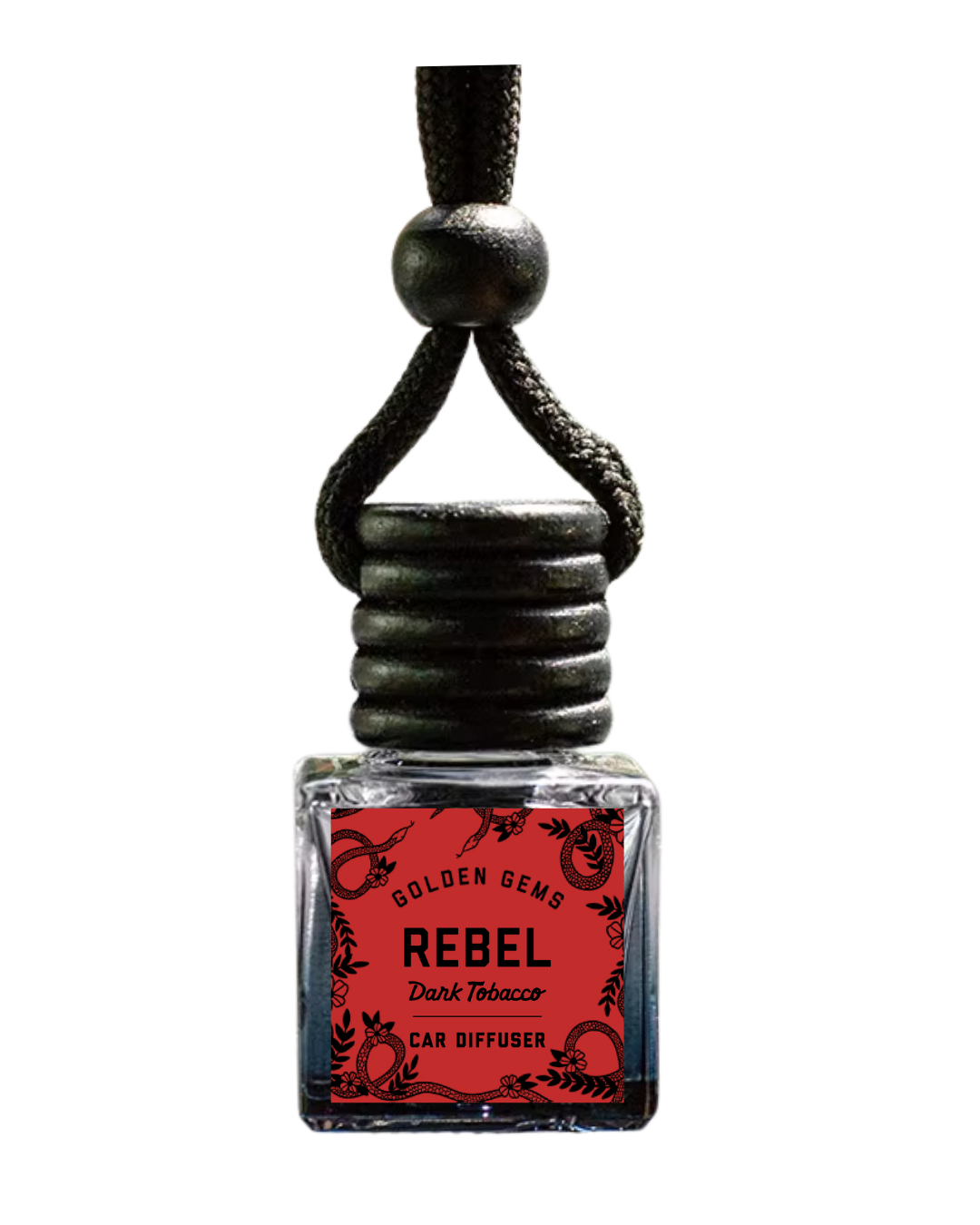 Car diffuser with 'Rebel Dark Tobacco' label on a white background