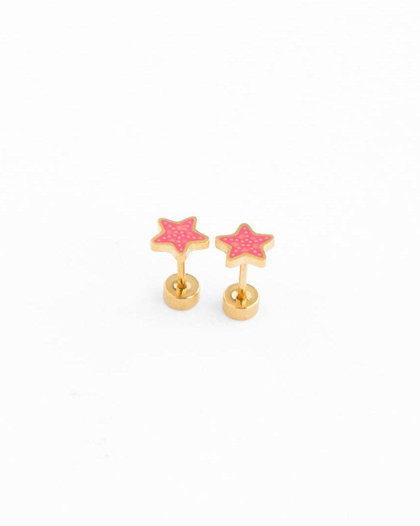 Pair of pink star-shaped earrings on a white background