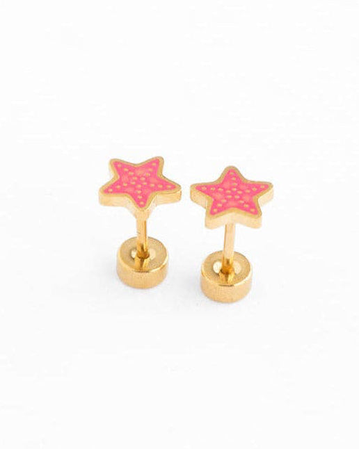 Pair of pink star-shaped earrings on a white background