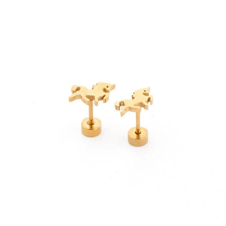 A pair of gold stud earrings shaped like small horses on a plain white background.
