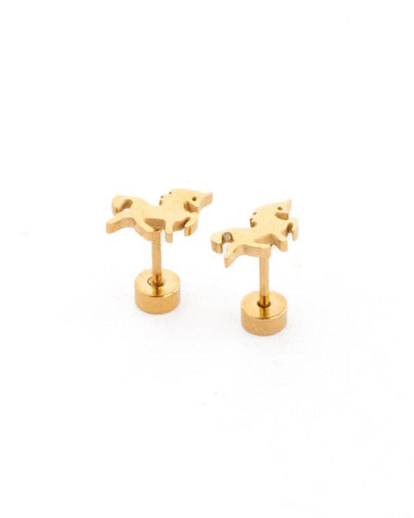 A pair of gold stud earrings shaped like small horses on a plain white background.