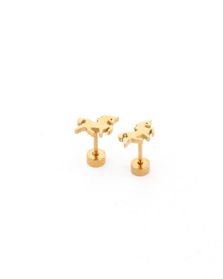 A pair of gold stud earrings shaped like small horses on a plain white background.