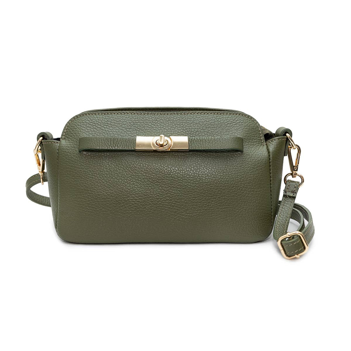 A green pebbled leather crossbody bag with a gold-tone turn-lock clasp and matching gold-tone hardware, shown against a plain white background.