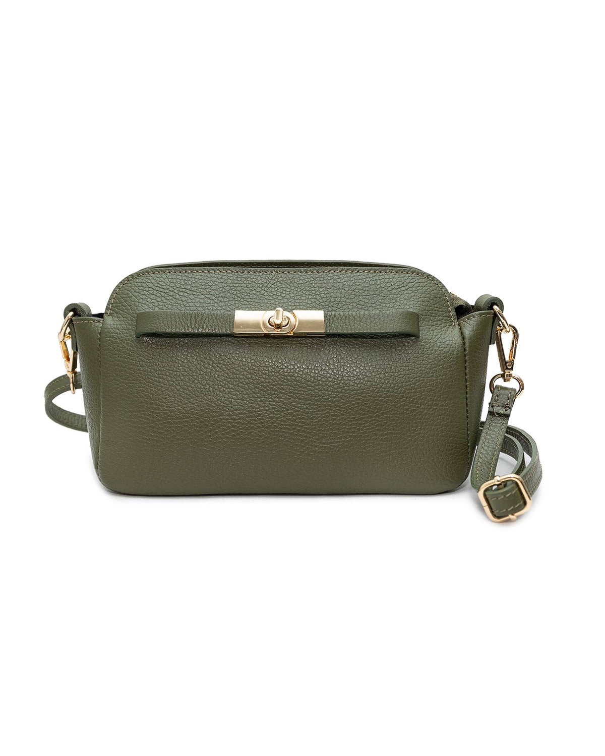 A green pebbled leather crossbody bag with a gold-tone turn-lock clasp and matching gold-tone hardware, shown against a plain white background.