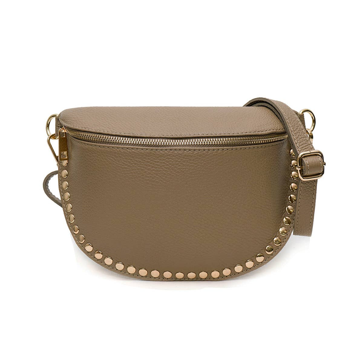 Brown leather crossbody bag with gold studs on a white background