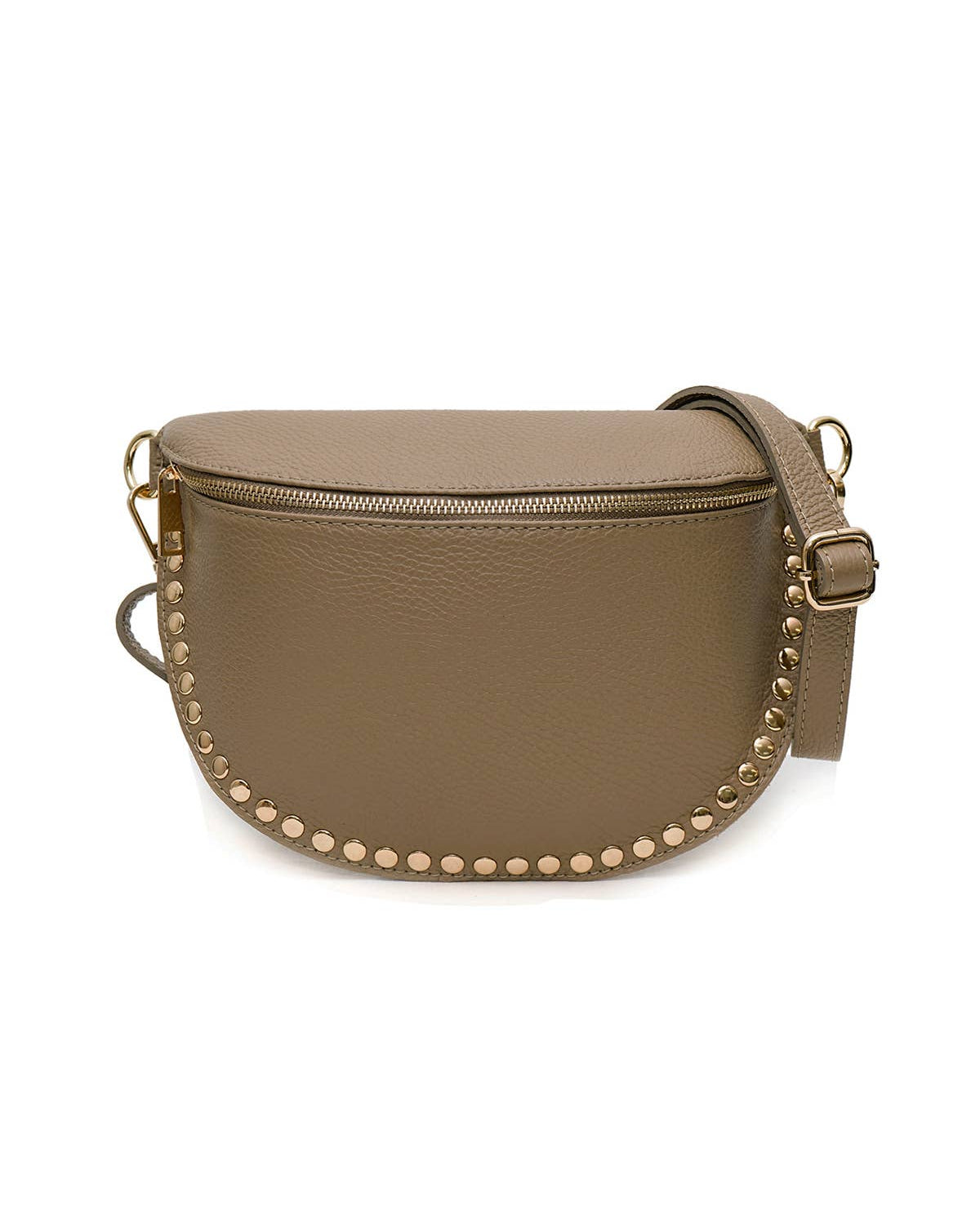 Brown leather crossbody bag with gold studs on a white background