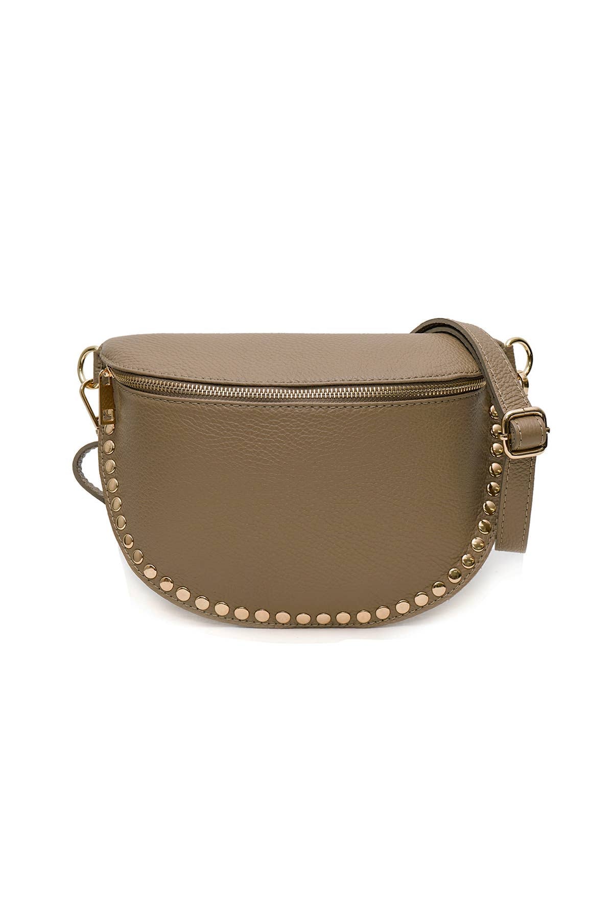 Brown leather crossbody bag with gold studs on a white background
