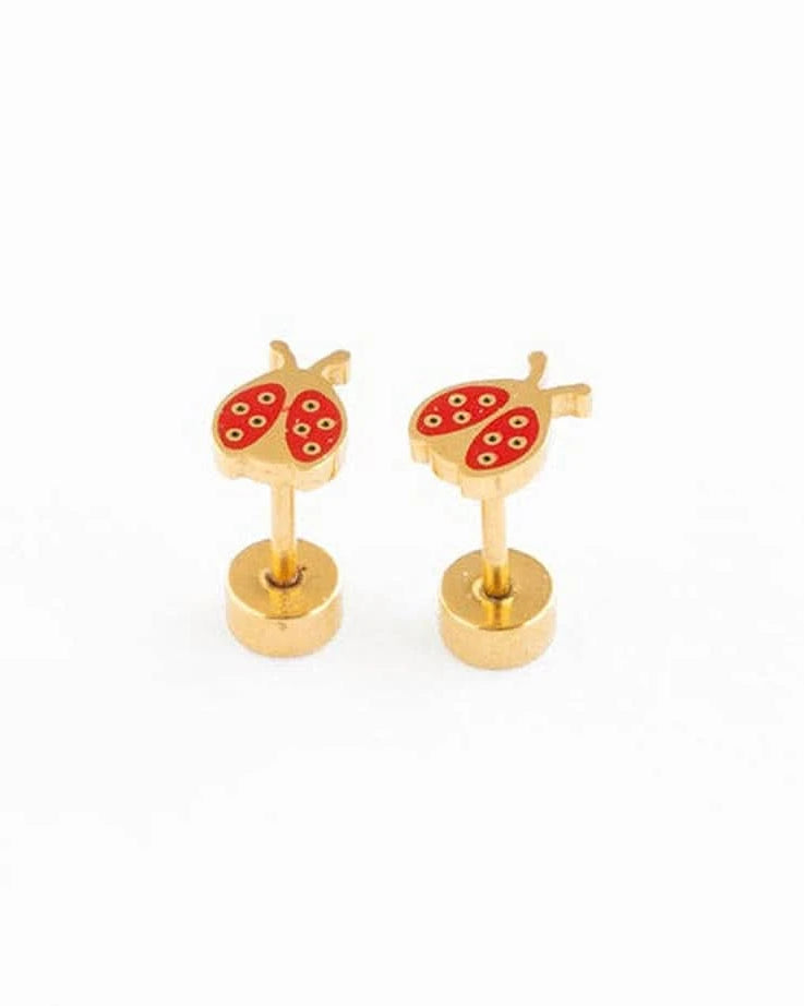 Gold ladybug-shaped earrings on a white background