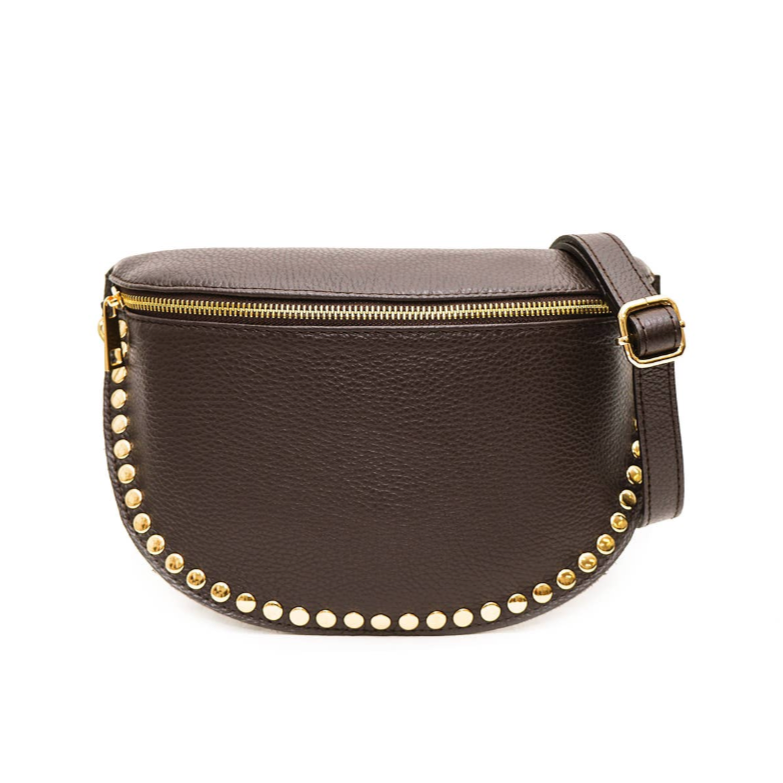 Brown leather belt bag with gold studs on a white background
