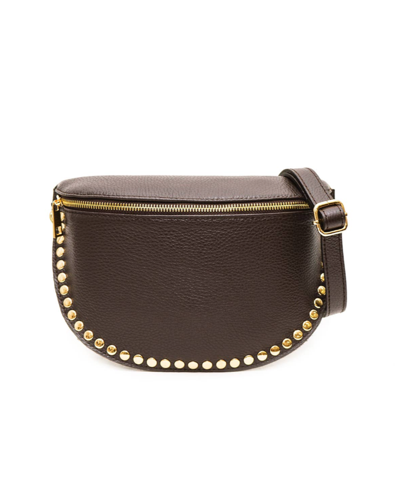 Brown leather belt bag with gold studs on a white background