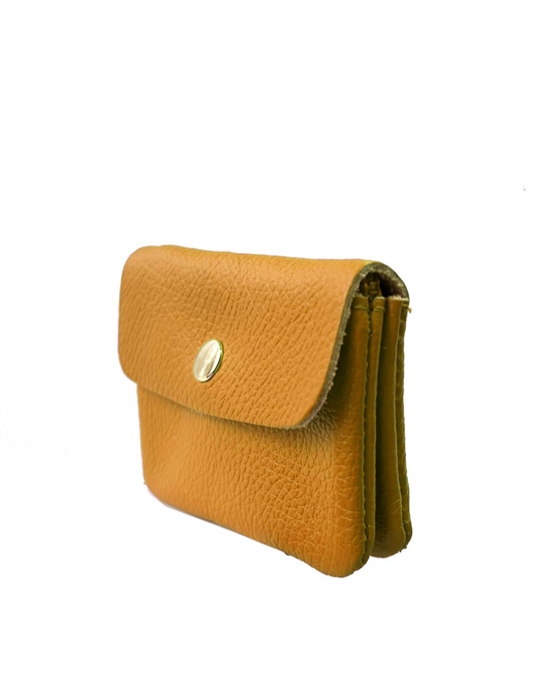 Brown leather wallet with a gold clasp on a white background