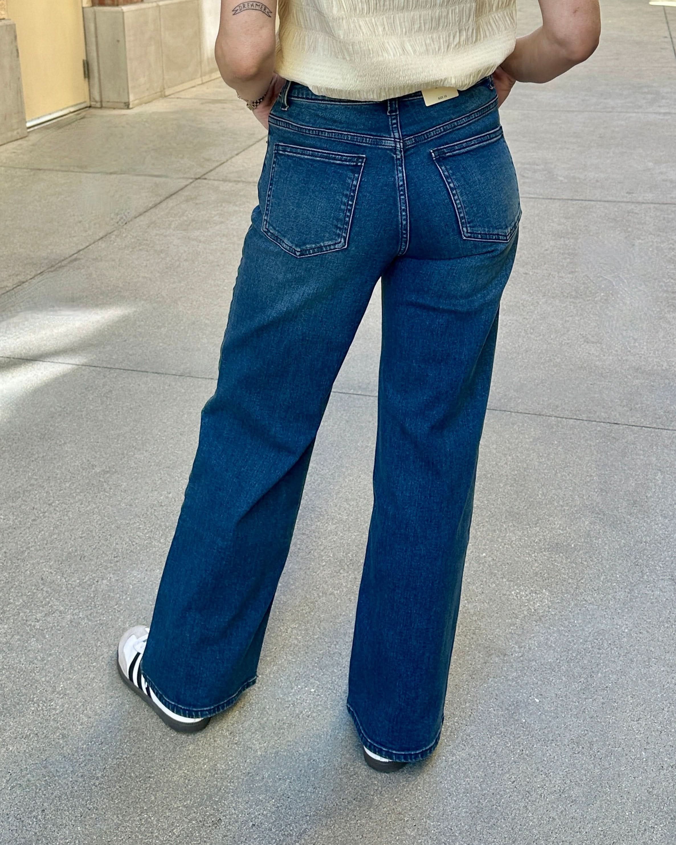 woman wearing Wide Leg, Dark Wash timeless comfort and are perfect for any occasion