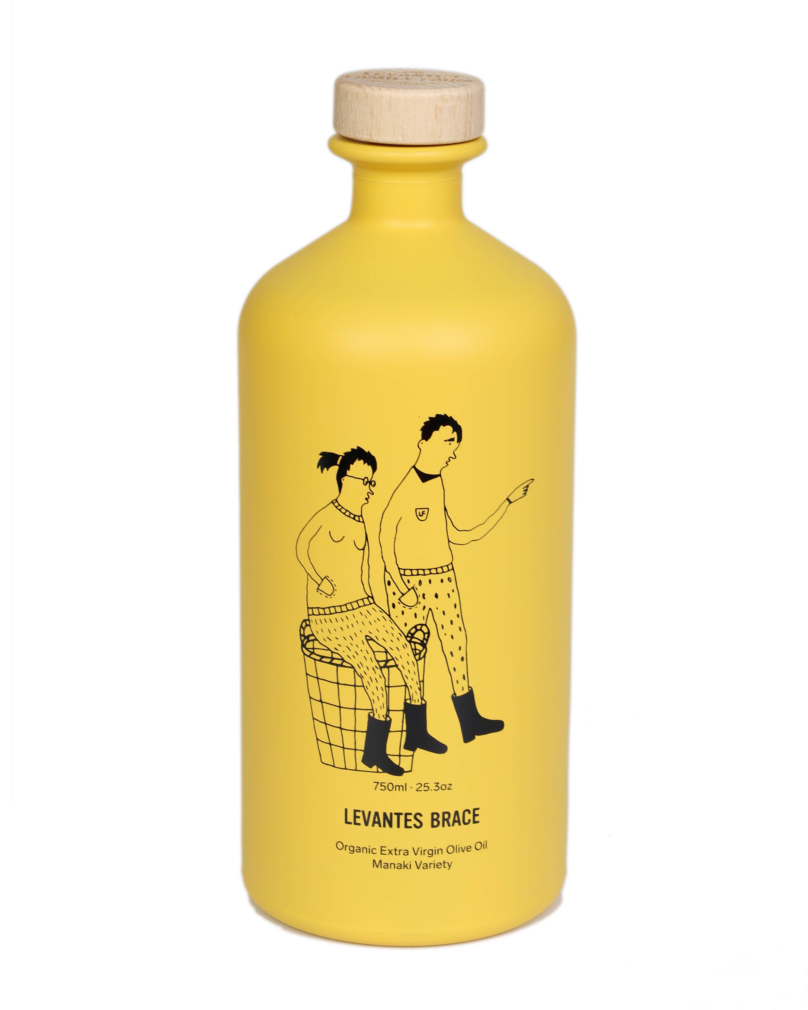 Yellow bottle with black illustrations and 'Levantes Brace' text on a white background
