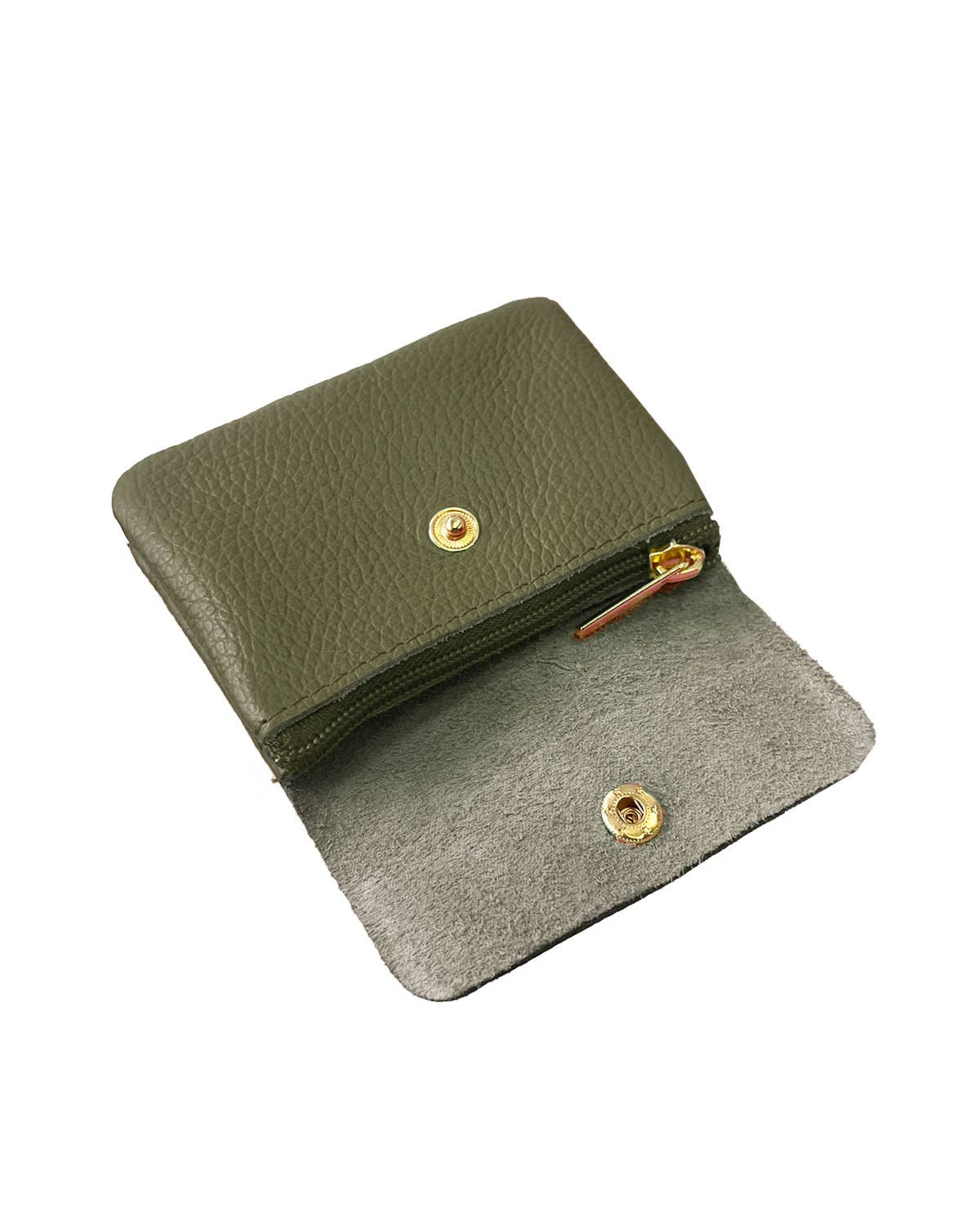 Green leather wallet with gold buttons And Zip
