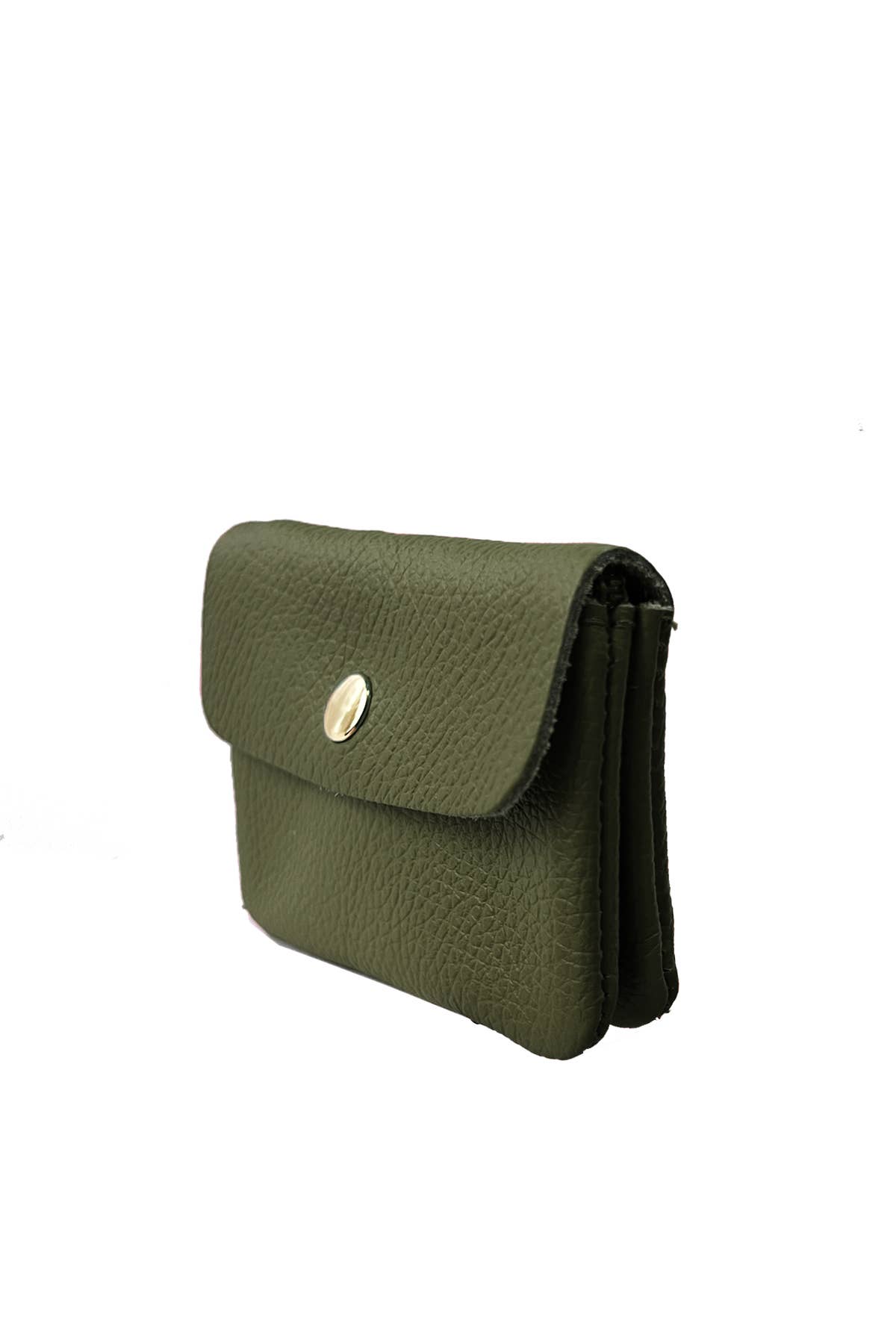 Green leather wallet with a button