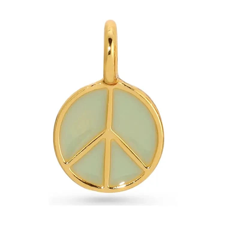Lucky Feather Charm Garden Charms
Gold peace symbol pendant with a light green center