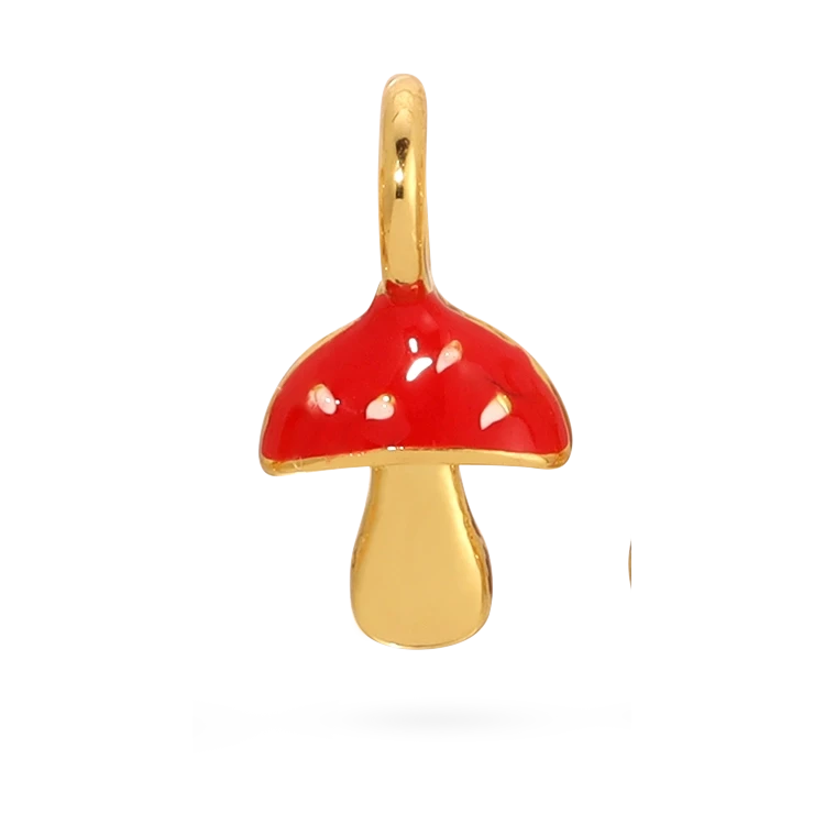 Mushroom-shaped pendant with red cap and gold stem on a white background