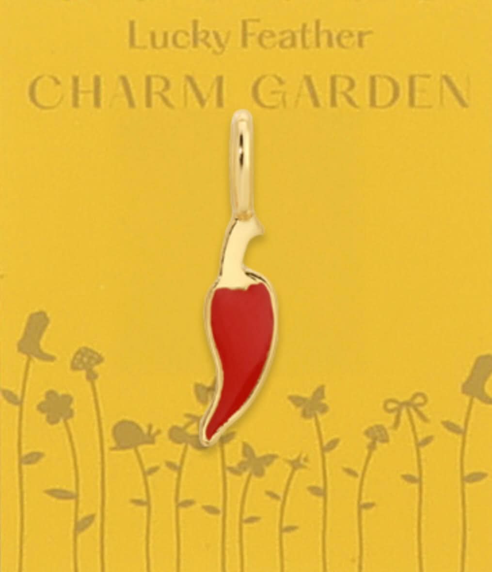 Red feather charm on a yellow background with 'Lucky Feather Charm Garden' text