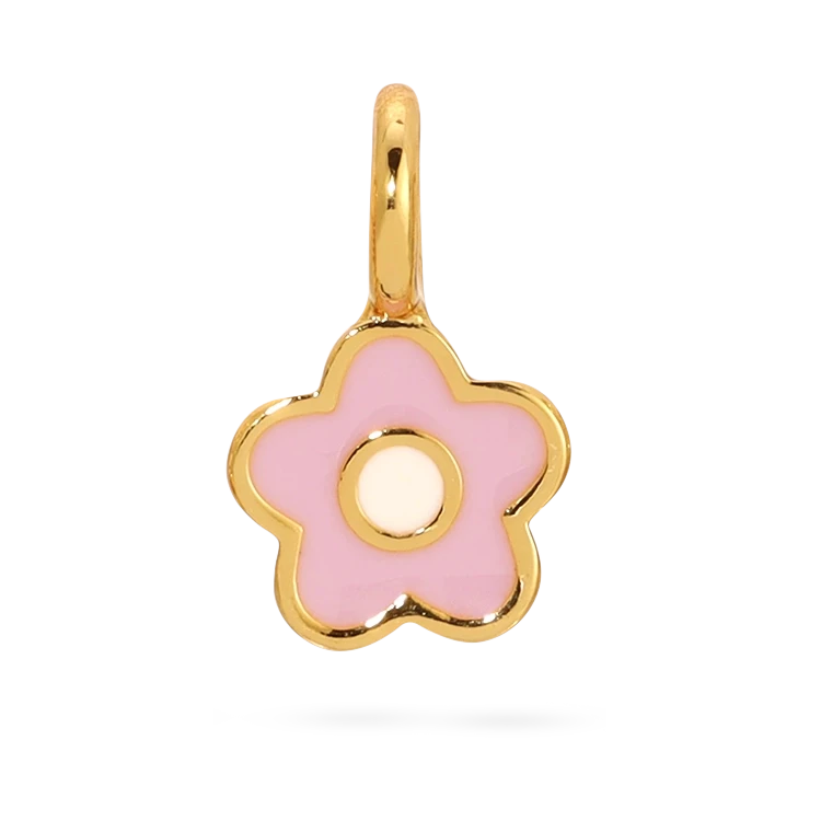 Pink flower-shaped pendant with gold outline on a white background