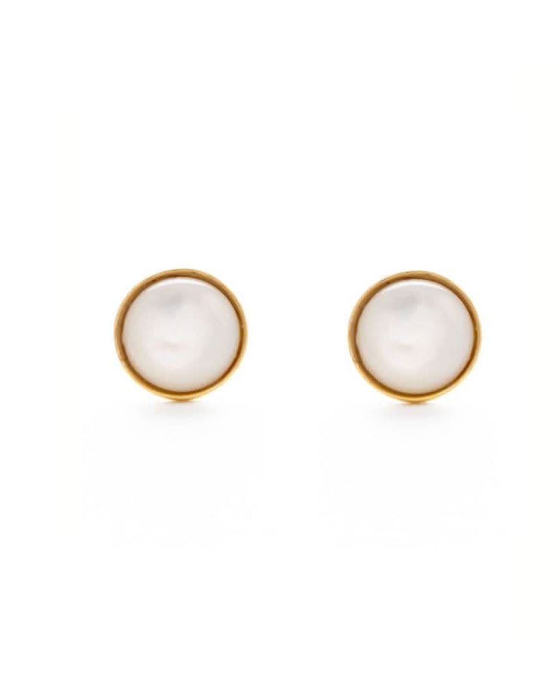 Pair of gold earrings with white round stones on a white background