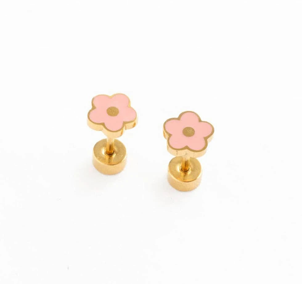 Pair of pink flower-shaped earrings with gold posts on a white background