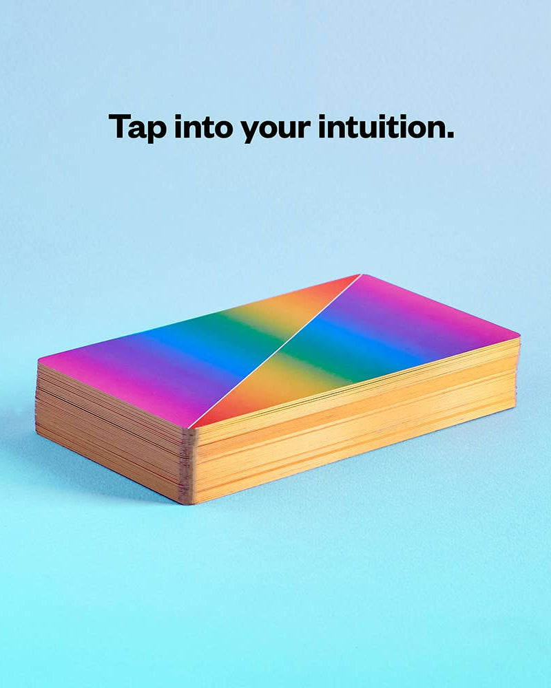 Colorful deck of cards on a blue background with text 'Tap into your intuition'.
