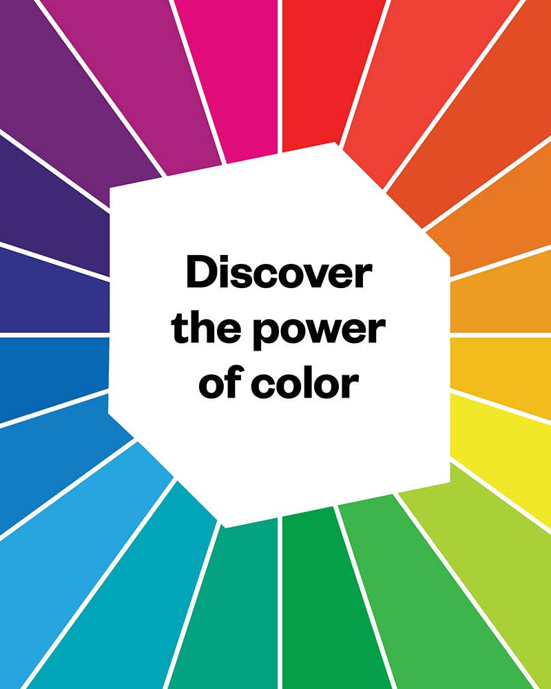 Color wheel with a white text box in the center displaying 'Discover the power of color'.