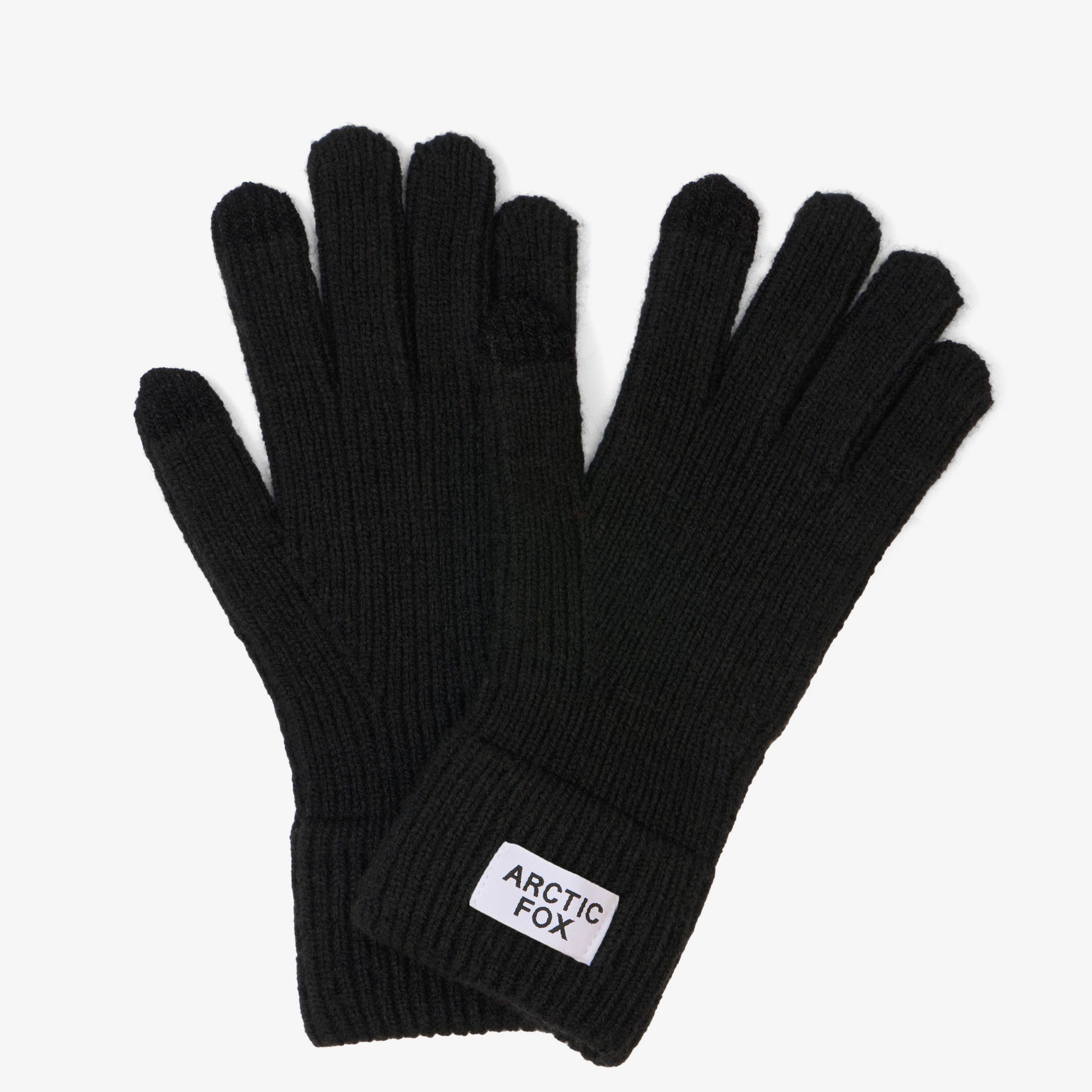 Black gloves with a visible brand label on a white background