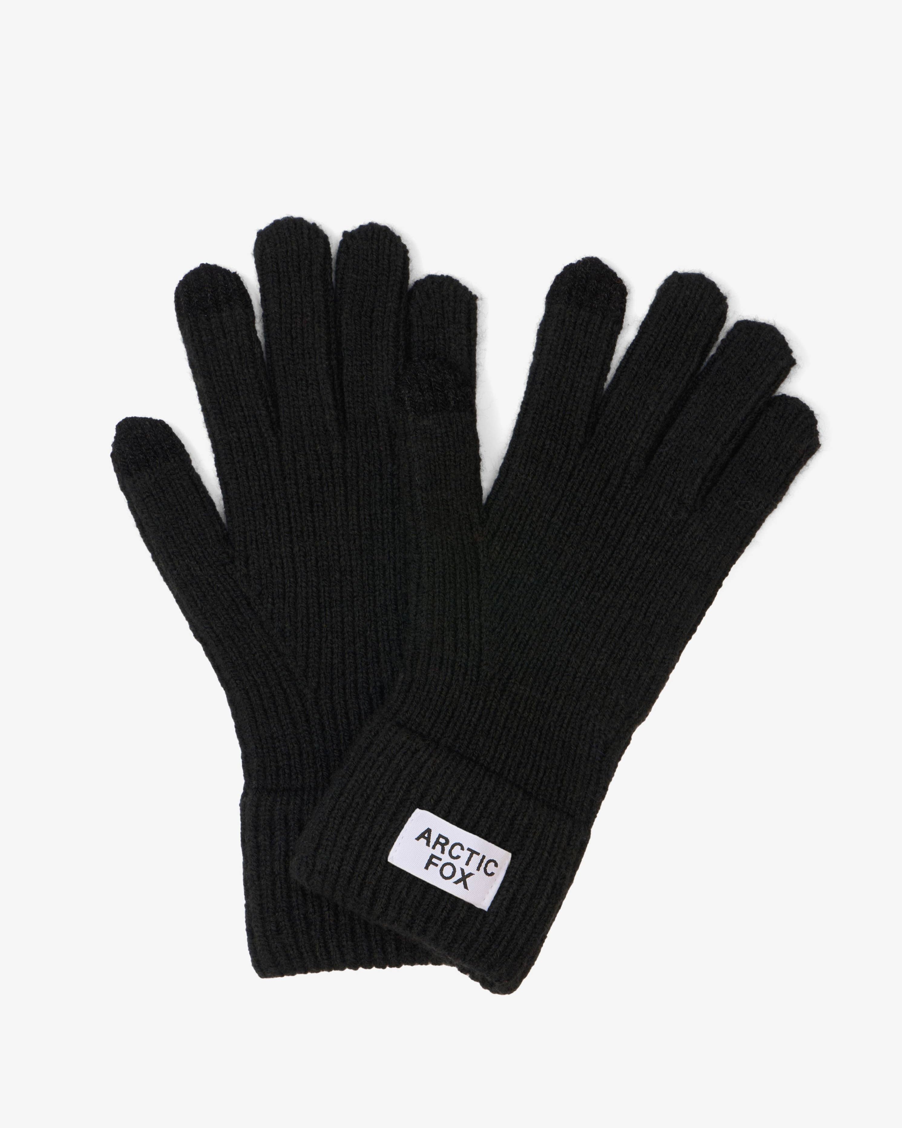 Black gloves with a visible brand label on a white background