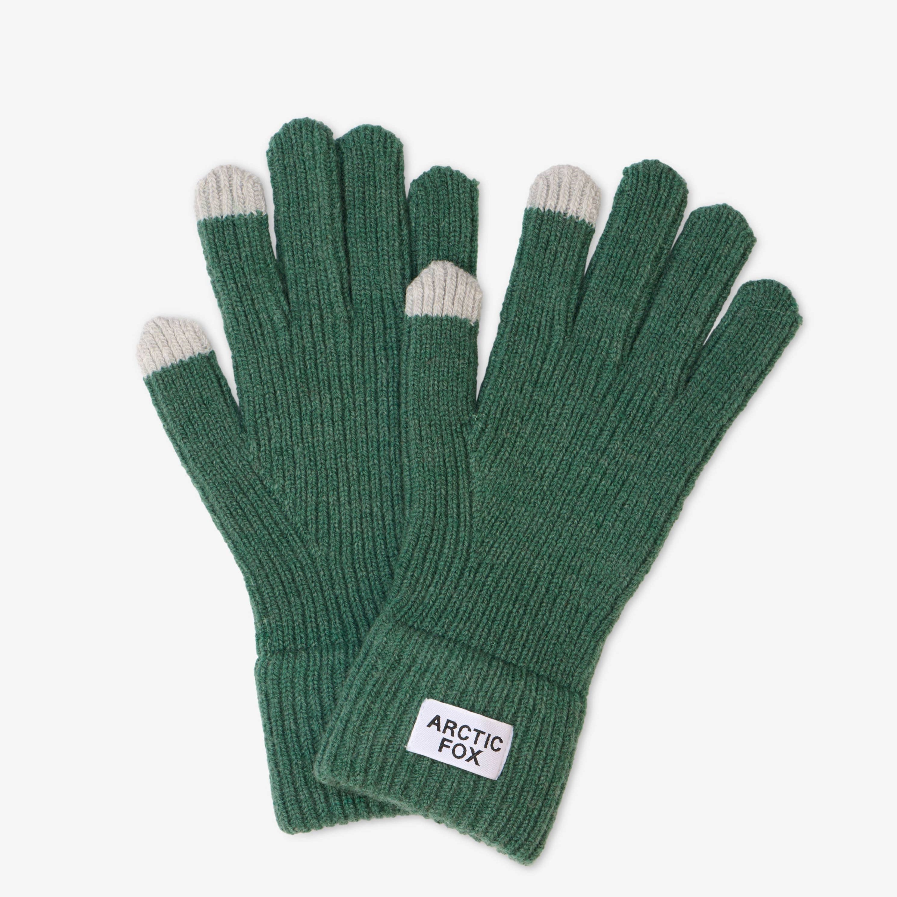 Green gloves with gray tips on a white background, featuring the brand 'Arctic Fox'.
