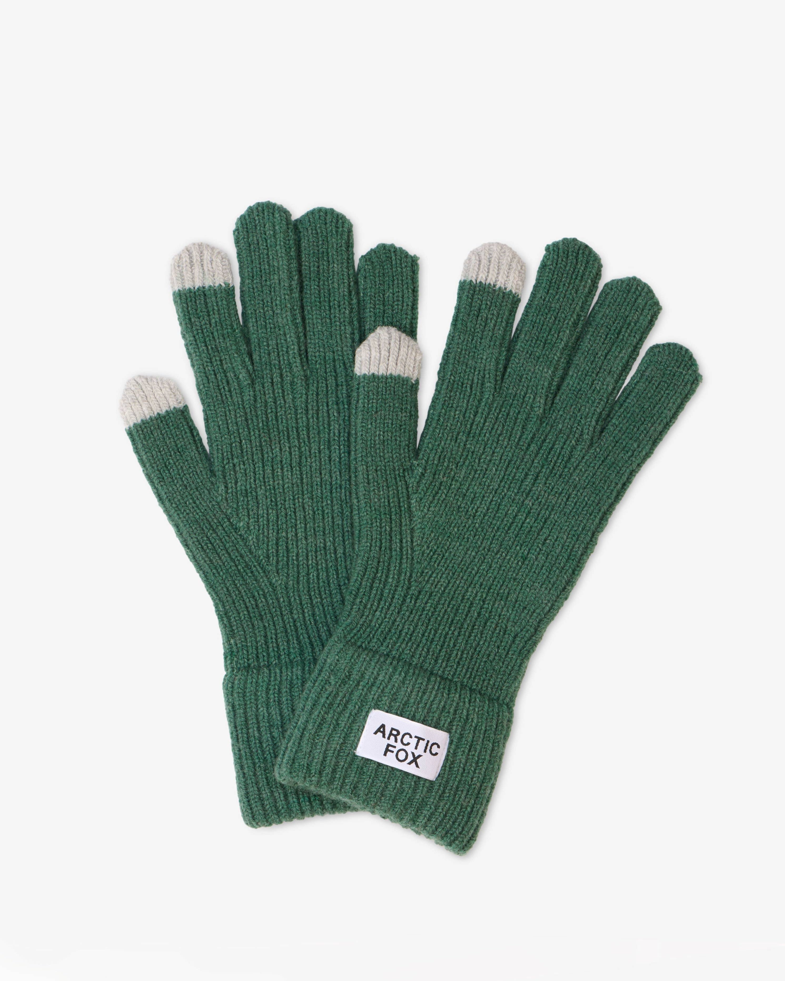 Green gloves with gray tips on a white background, featuring the brand 'Arctic Fox'.