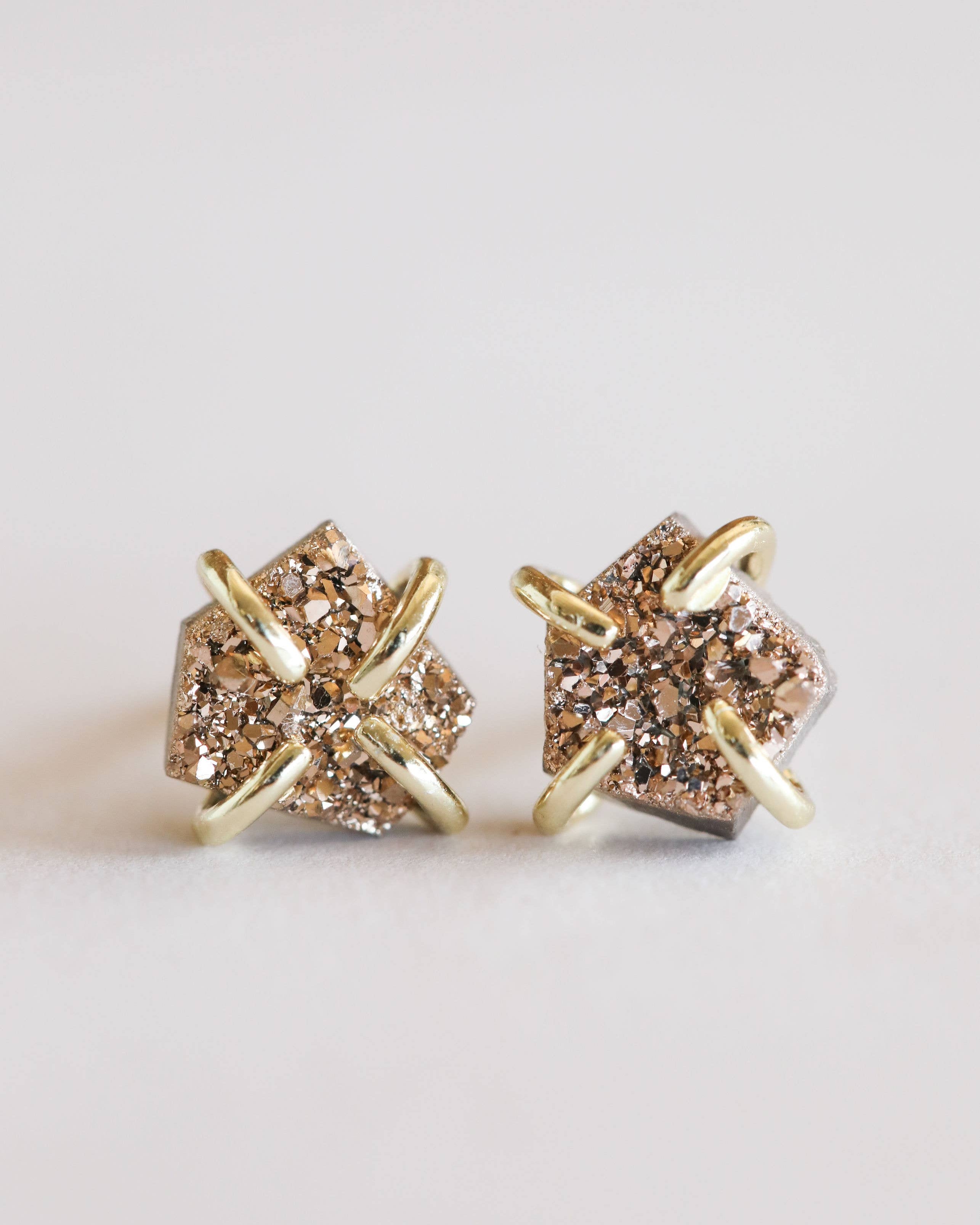 Rose Gold Druzy Prong Gold Earrings and bronze geometric earrings