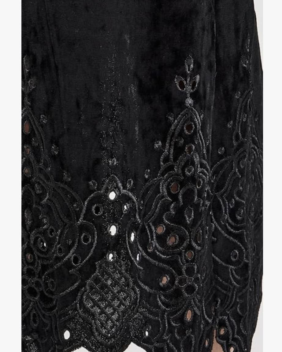 close up details on the Velvet Eyelet H Line Midi Skirt