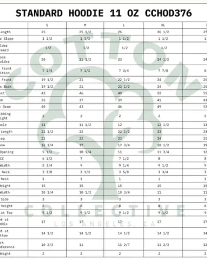 Standard hoodie sizing guide for cotton collective sweatshirts and zip up’s