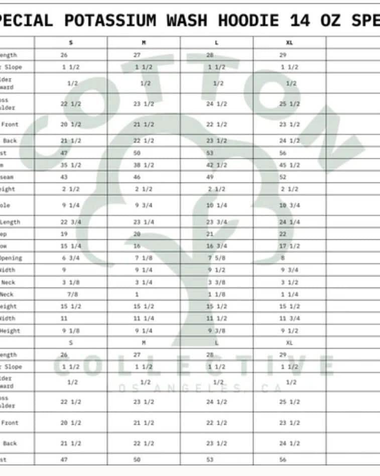 Special potassium wash hoodie with correct sizing guide for cotton collective sweatshirts and hoodie