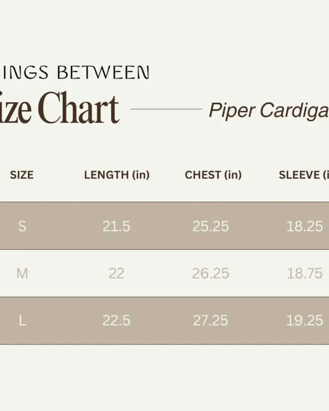 Size chart of Piper Cardigan