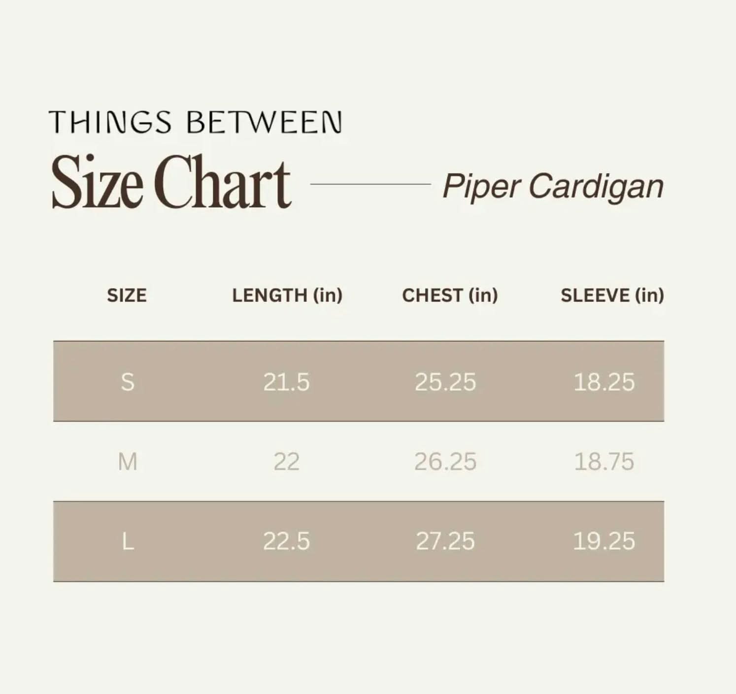 Size chart of Piper Cardigan
