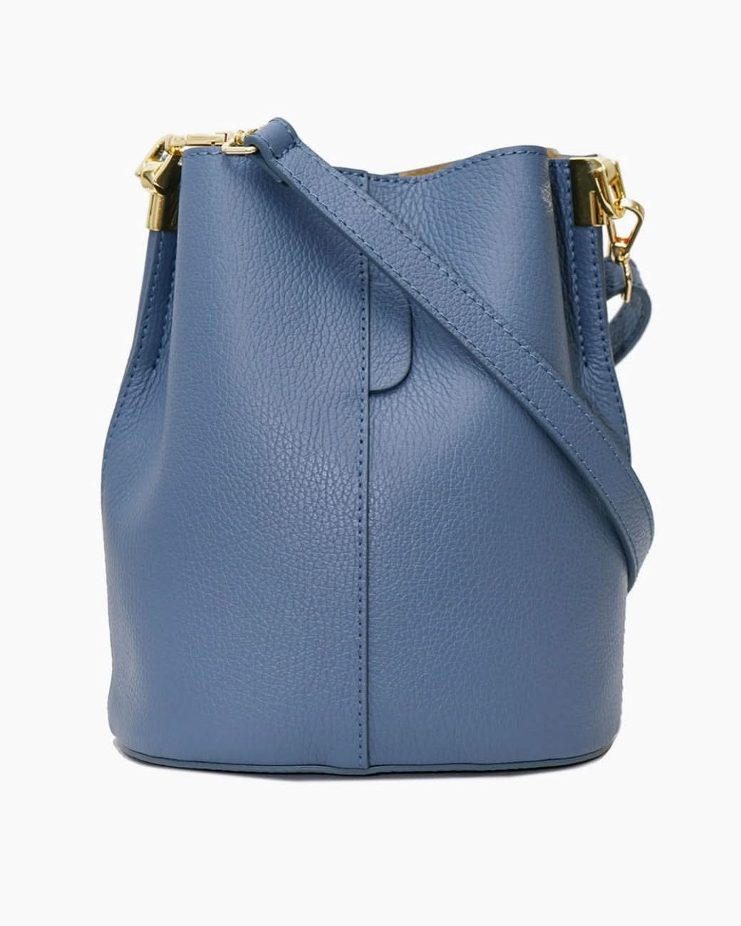 Blue leather handbag with gold hardware on a white background