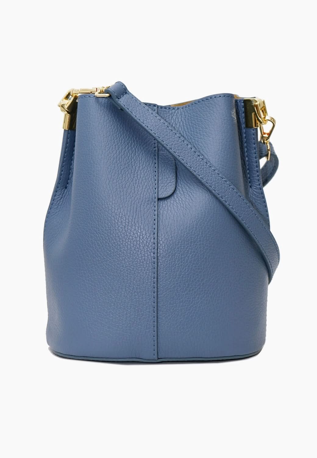 Blue leather handbag with gold hardware on a white background