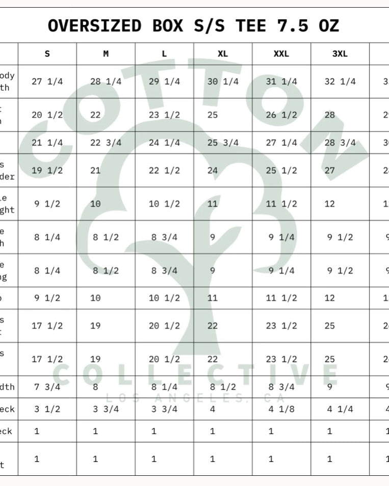 Size chart for oversized box short-sleeve tee with measurements in inches.