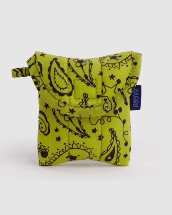 A lime green quilted pouch with a black paisley pattern and a small blue brand tag reading PACEQU, shown on a light gray background.
