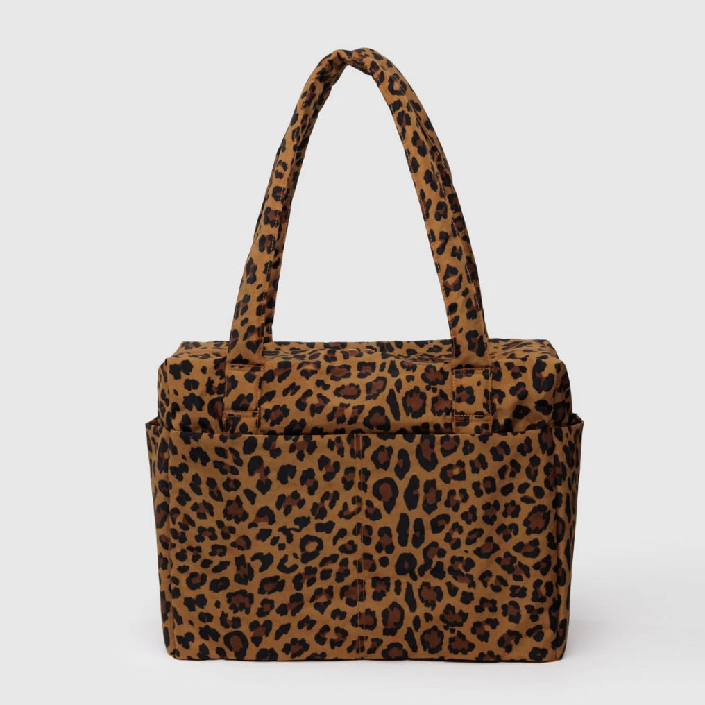 Leopard print handbag on a light gray background