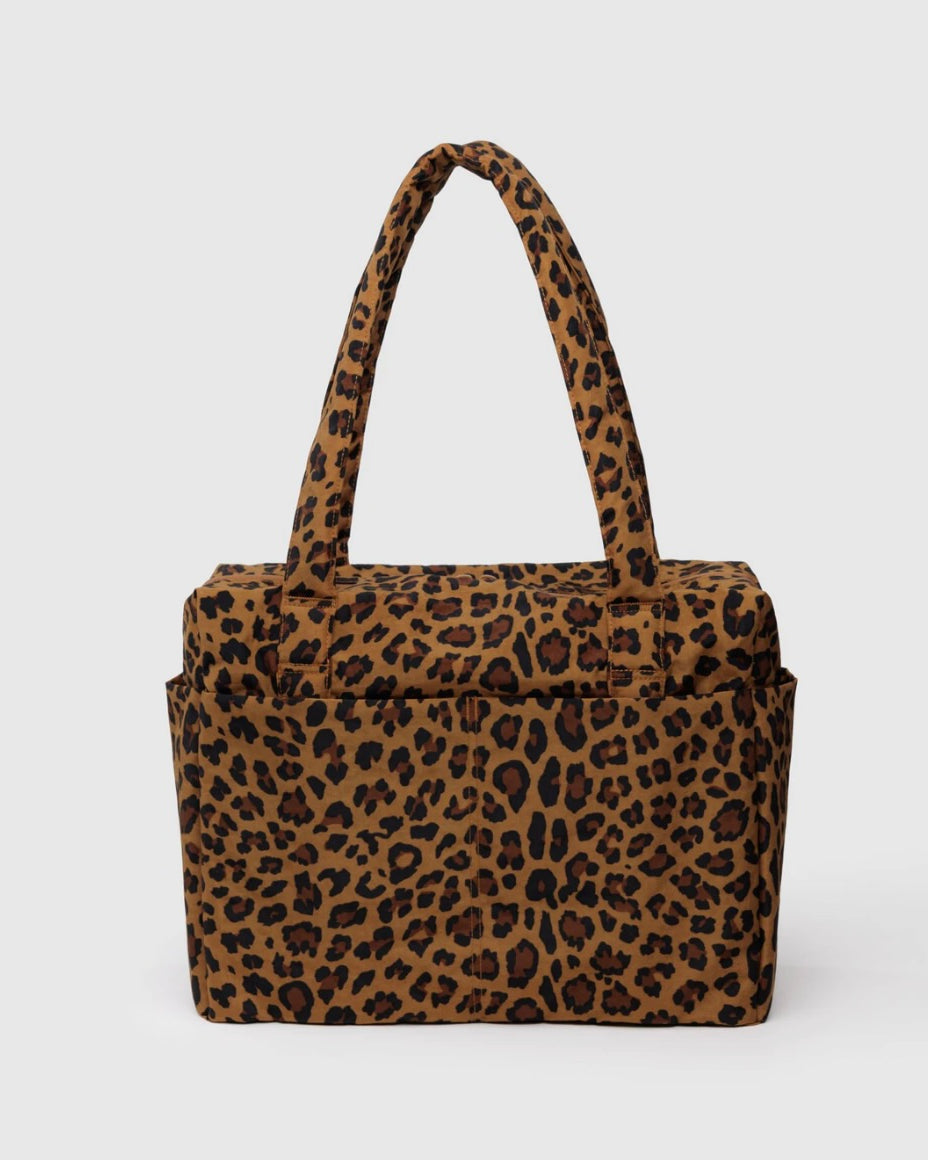 Leopard print handbag on a light gray background